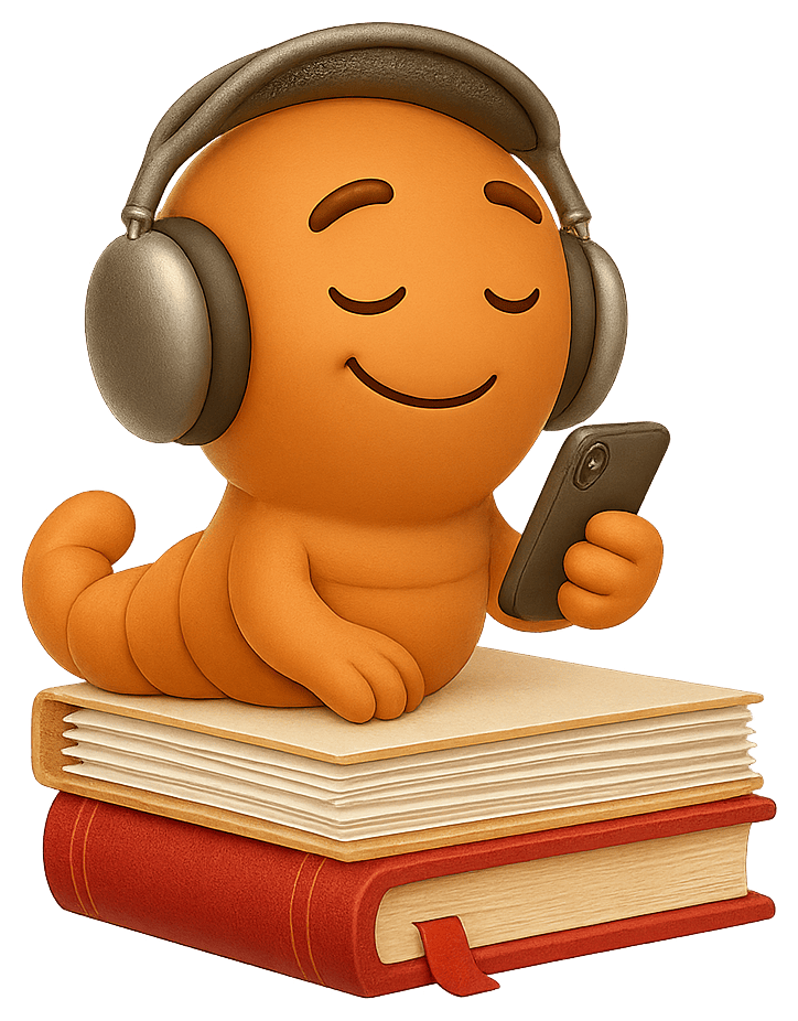 Friendly orange character with headphones sitting on books while listening to audio